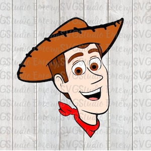 May include: Cartoon illustration of Woody from Toy Story. He is wearing a brown cowboy hat with a yellow band and a red bandana. He has brown hair, brown eyes, and a big smile.