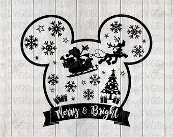 SVG DXF PNG Eps Pdf Mickey Christmas Rudolf  Sleigh Tree Presents
