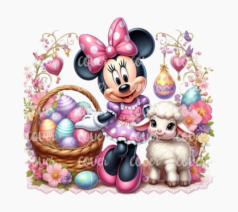 May include: A pink and white polka dot dress Minnie Mouse holding a basket of colorful Easter eggs with a white lamb beside her. The basket is surrounded by pink, purple, and white flowers.