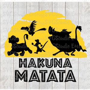 May include: Black silhouette of a lion, a meerkat, a bird, and a warthog running across a yellow sun. The text "Hakuna Matata" is below the silhouettes.