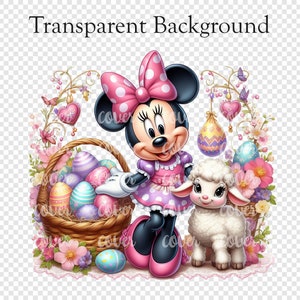 May include: A cartoon illustration of Minnie Mouse holding a basket of colorful Easter eggs. She is wearing a pink dress with white polka dots and a pink bow. A white lamb stands next to her. The image has a transparent background.