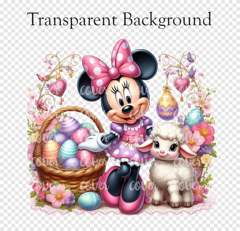 May include: A cartoon illustration of Minnie Mouse holding a basket of colorful Easter eggs. She is wearing a pink dress with white polka dots and a pink bow. A white lamb stands next to her. The image has a transparent background.