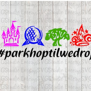 May include: A black and white graphic with four colorful Disney park icons: a pink castle, a blue Spaceship Earth, a green tree, and a red Sorcerer Hat. The text "#parkhoptilwedrop" is below the icons.