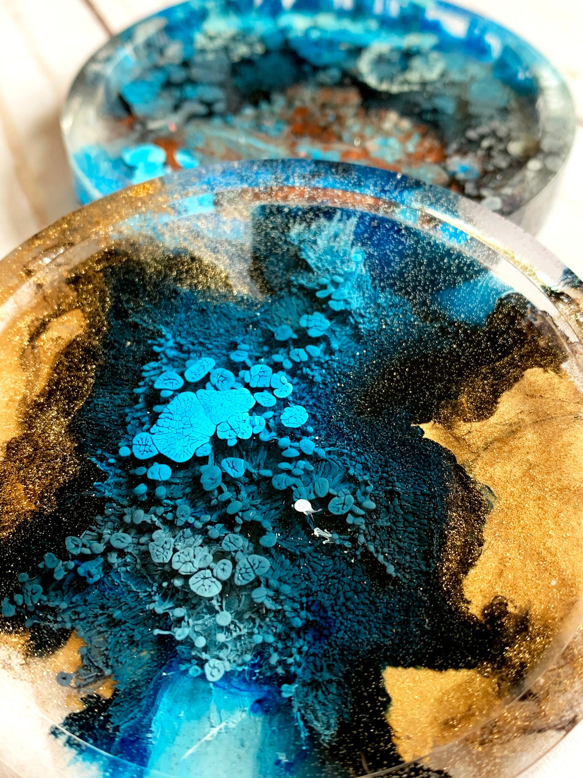 Epoxy Resin Alcohol Ink Coasters 4PC Blue Gold Barware Etsy