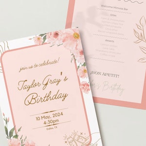 Blumen-Geburtstagsfeier-Einladung - Geburtstagseinladung, Tee-Party einladen, Mädchen-Geburtstagsfeier, anpassbare bday-Vorlage, Geburtstags-Speisekarte