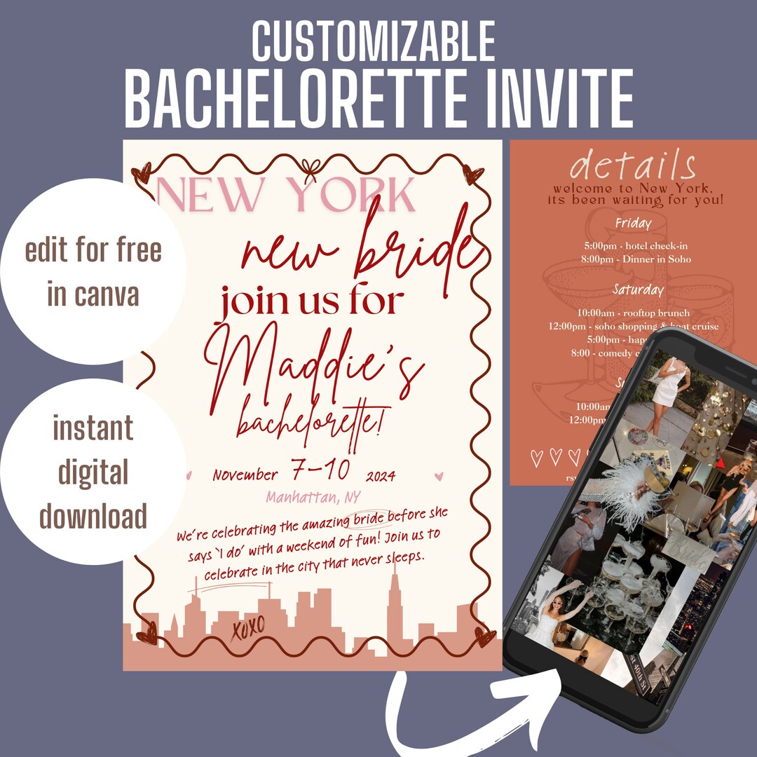 New York Bachelorette Invite City Bachelorette, New York Bach Theme, New York Weekend Itinerary