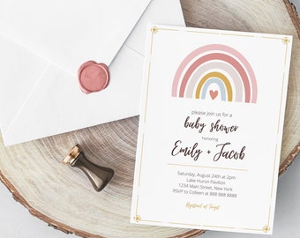 Invitación personalizable para baby shower Boho Rainbow - Editar en Canva