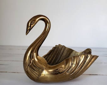 Vintage brass swan planter | large brass bird home decor