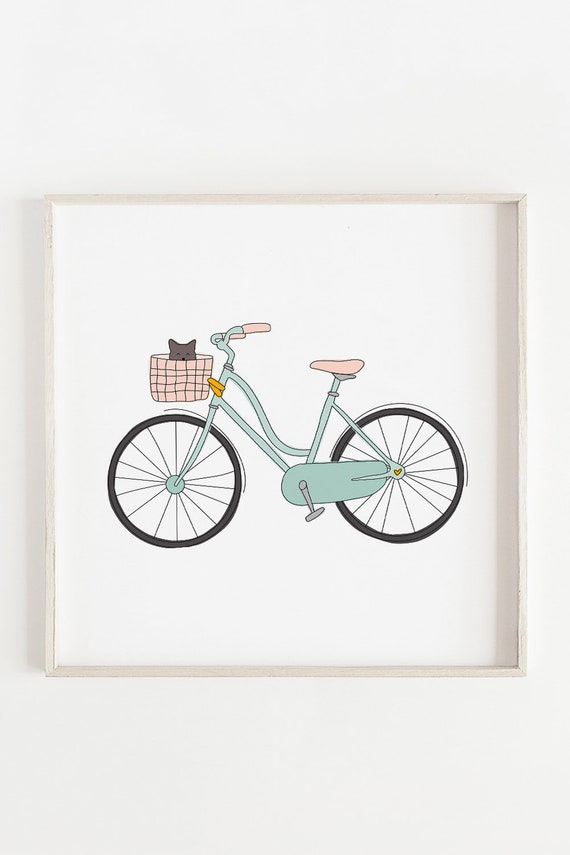 Bicycle with cat in the basket printable art print digital | Etsy