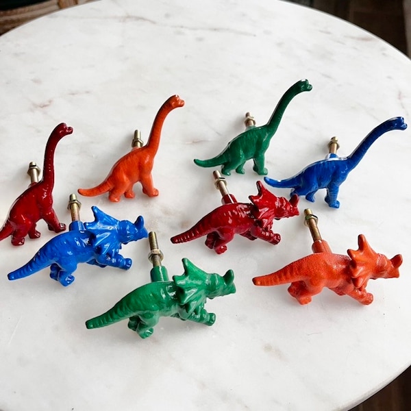 Metal Dinosaur Knob - Teiceratops Brachiosaurus Drawer Pull - Kids Cabinet Gun Metal Decor - Multi Color Knobs Handle White Nordic Trex Dino