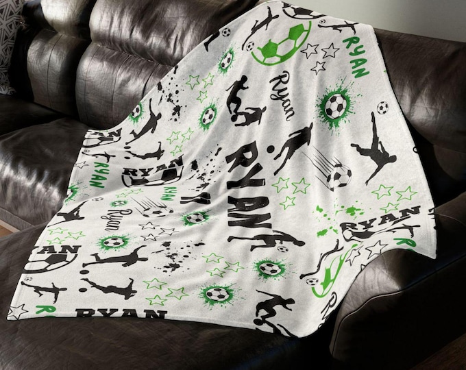 Personalized Soccer Blanket for Kids, Soft Fleece Throw, Sports Blanket, Custom Name Gifts, Cozy Football Decor, Childrens Gift