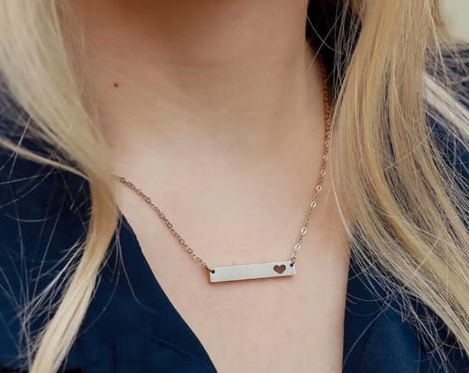 Personalized Cutout Heart Necklace, Custom Engraved Bar Jewelry for Her, Everyday Wear, Gift for Mom, Birthday Jewelry