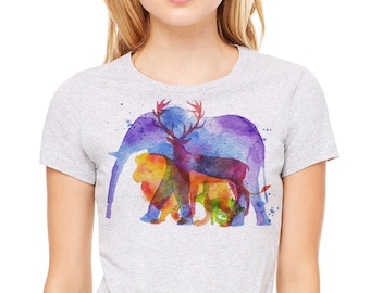 Colorful watercolor image of animals printed on a heather gray t-shirt, women's t-shirt, gray tee, elephant, leon, animals