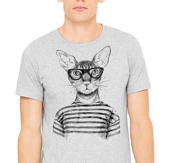 Hipster T shirt Gray T shirt Men s T shirt Drawing of Hipster Cat With Glasses Printed on Athletic Gray T shirt Cat Shirt Cat T shirt Etsy Canada