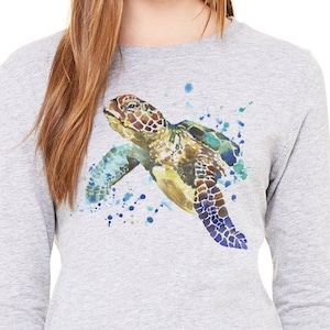 Schwimmen Schildkröte gedruckt auf einem Heide grau Langarm T-Shirt, Damen T-Shirt, Herren T-Shirt, Unisex T-Shirt, Langarm-T-Shirt