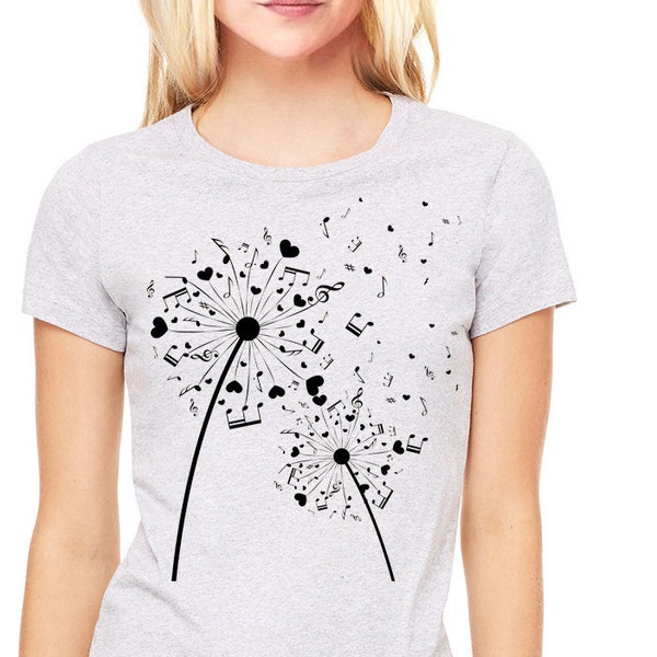 Music t-shirt, Dandelion made of music symbols, notes and hearts. Music notes t-shirt