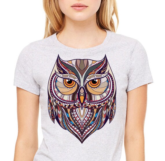 Owl t-shirt, Colorful image of owl printed on a heather gray t-shirt, women's t-shirt, gray tee, owl shirt, bird shirt, owl t-shirt, owl tee