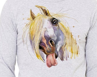 Colorful watercolor image of funny horse printed on a long sleeve tee, Women's t-shirt, Men's t-shirt, Unisex t-shirt, Long Sleeve t-shirt