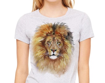 Lion T-shirt, Lion tee, Lion shirt. Colorful watercolor image of lion printed on a heather gray t-shirt, women's t-shirt, gray tee