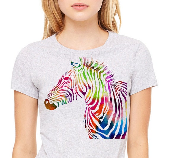 Colorful Image of Zebra Printed on a Heather Gray T-shirt | Etsy