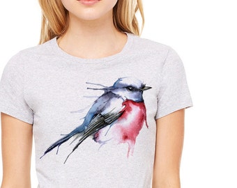 Colorful watercolor image of a bird printed on a heather gray t-shirt, women's t-shirt, gray tee