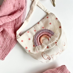 Mädchen Umhängetasche Täschchen mit Regenbogen gepunktet pink lila  personalisiert mit Name Geschenk Mädchentasche