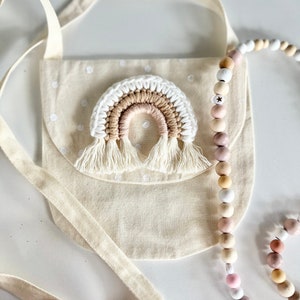 Mädchen Umhängetasche Täschchen mit Regenbogen weiß gepunktet Boho braun Beige Mädchentasche Weihnachten