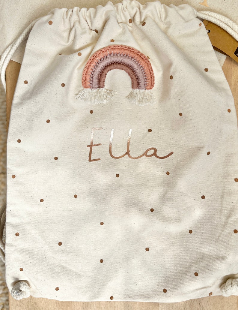 Bolsa de gimnasio bolsa de tela mochila de tela arcoíris fairtrade tonos tierra chicas punteadas nombre personalizable imagen 5