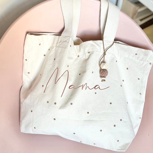 Großer Bio Canvas Shopper MAMA MOMBAG gepunktet Kupfer Anhänger Häkelkugeln Mom Tasche  Badetasche Partnerlook