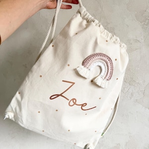 Turnbeutel Stoffbeutel Stoffrucksack Regenbogen fairtrade Rosé Weiß Flieder Beige Mädchen gepunktet personalisierbar Namen Kupfer Bio BW