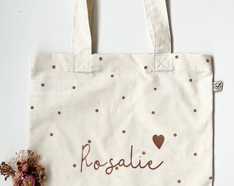 Bolsa de tela con nombre personalizado fairtrade cobre puntos punteados bolsa de jardín de infantes cambio de ropa regalo sincero
