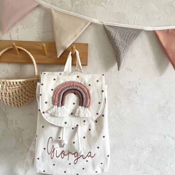 Girls' Personalized Backpack Bag with Rainbow Polka Dots, Brown Copper Organic Kindergarten Bag, Fabric Backpack, Name Children's Backpack
