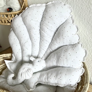 Cojín de concha crema blanco dorado cojín infantil cojín de sofá muselina sirena caballito de mar concha cojín blanco