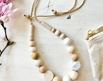 Wooden necklace breastfeeding necklace mom natural beige cream white silicone beads mother breastfeeding bead chain marble