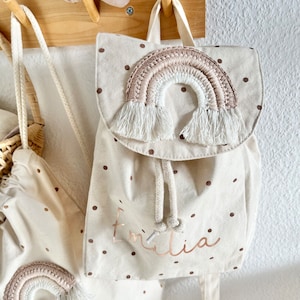 Mädchen Rucksack Tasche mit Regenbogen gepunktet rosé weiß FliederCanvastasche Kindergartentasche Stoffrucksack Bio Baumwolle Kinderrucksack