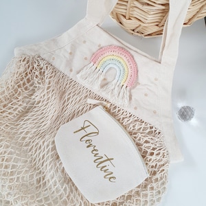 Netztasche Regenbogen Set + personalisierter Gelbeutel gold Fairtrade Sandspielzeug Tasche bunt Kinder netbag