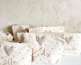 Personalized organic cotton toiletry bag – bag with heart, dots & name, gift for mom or baby
