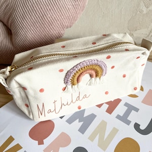 Krimskramstäschchen Federmäppchen SCHLAMPERMÄPPCHEN mit Namen Regenbogen Schminktasche Kulturbeutel Bio Fairtrade Punkte Schule lila