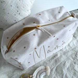 Mama Krimskrams Tasche personalisierbar Name Kulturbeutel gepunktet Kupfer Punkte Damen Gold Canvas Schminktasche Geschenk Bild 8