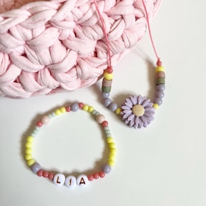 Kinder Schmuckset Kinderkette Armband Mädchen Kette Daisy Gänseblümchen Blume Name personalisiert Flieder Gelb bunt Schulkind