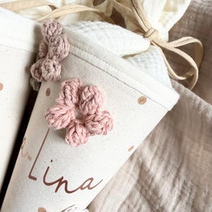 Kindergarten bag with crocheted flowers – personalized cotton kindergarten bag image 9