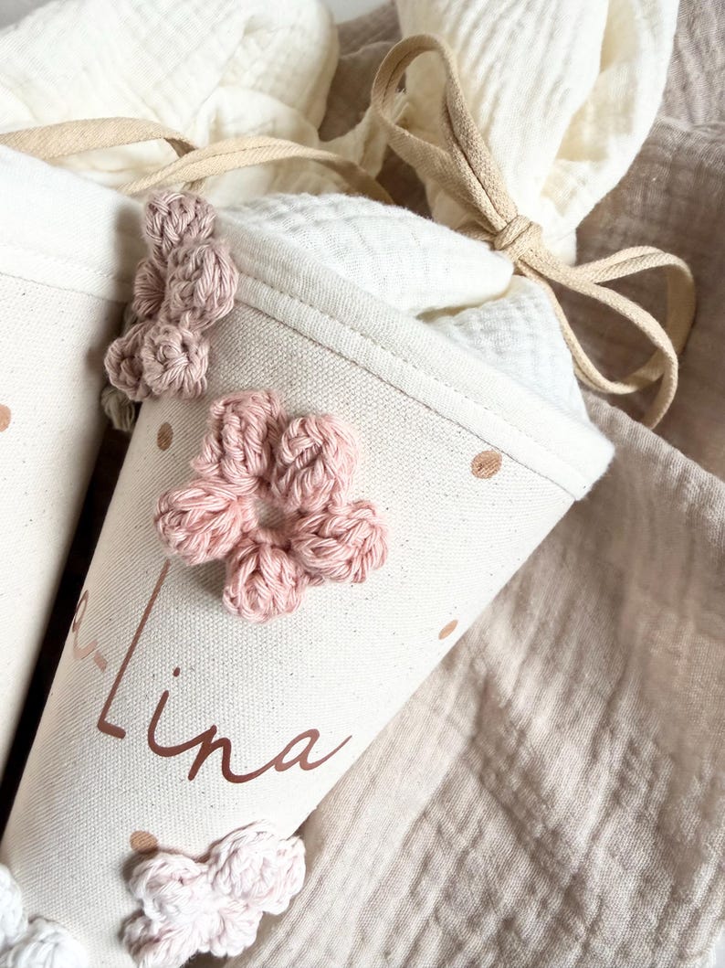 Kindergarten bag with crocheted flowers – personalized cotton kindergarten bag image 9