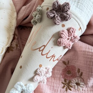 Kindergarten bag with crocheted flowers – personalized cotton kindergarten bag image 13
