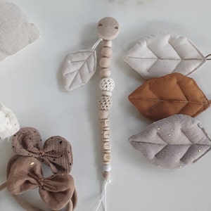 Pacifier chain with name customizable cream white leaf crochet beads avocado pink baby unisex gift for birth