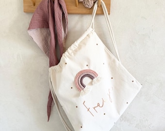 Borsa con coulisse, borsa tote, zaino in tessuto, arcobaleno, commercio equo e solidale, toni della terra, per bambine, a pois, personalizzato, nome