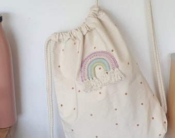 Turnbeutel Stoffbeutel Stoffrucksack Regenbogen fairtrade bunt gepunktet dots Mädchen personalisiert mit Name