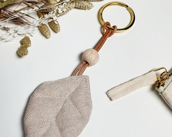 Leaf keychain linen beige gold leather Mother's Day small gift