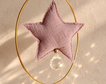 Suncatcher with fabric star – Christmas decoration with crystal, muslin star with gold dots, window decoration