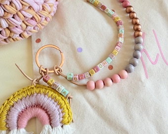 Personalized abacus necklace with name | Back-to-school gift for girls | Rainbow pendant for school bags | ABC abacus necklace in pink, purple, and mustard