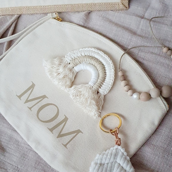 Boho Clutch Tasche MOM Regenbogen Windeltasche gold Bio personalisiert Name weiß Krimskramstasche Kosmetiktasche Tasche